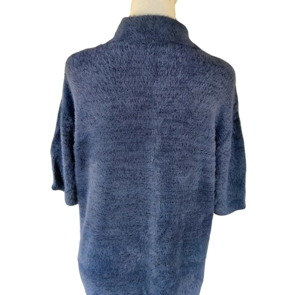 Anthropologie Standard Cloth Navy Blue Fuzzy Knit Zip Front Polo Shirt Small - Picture 6 of 8